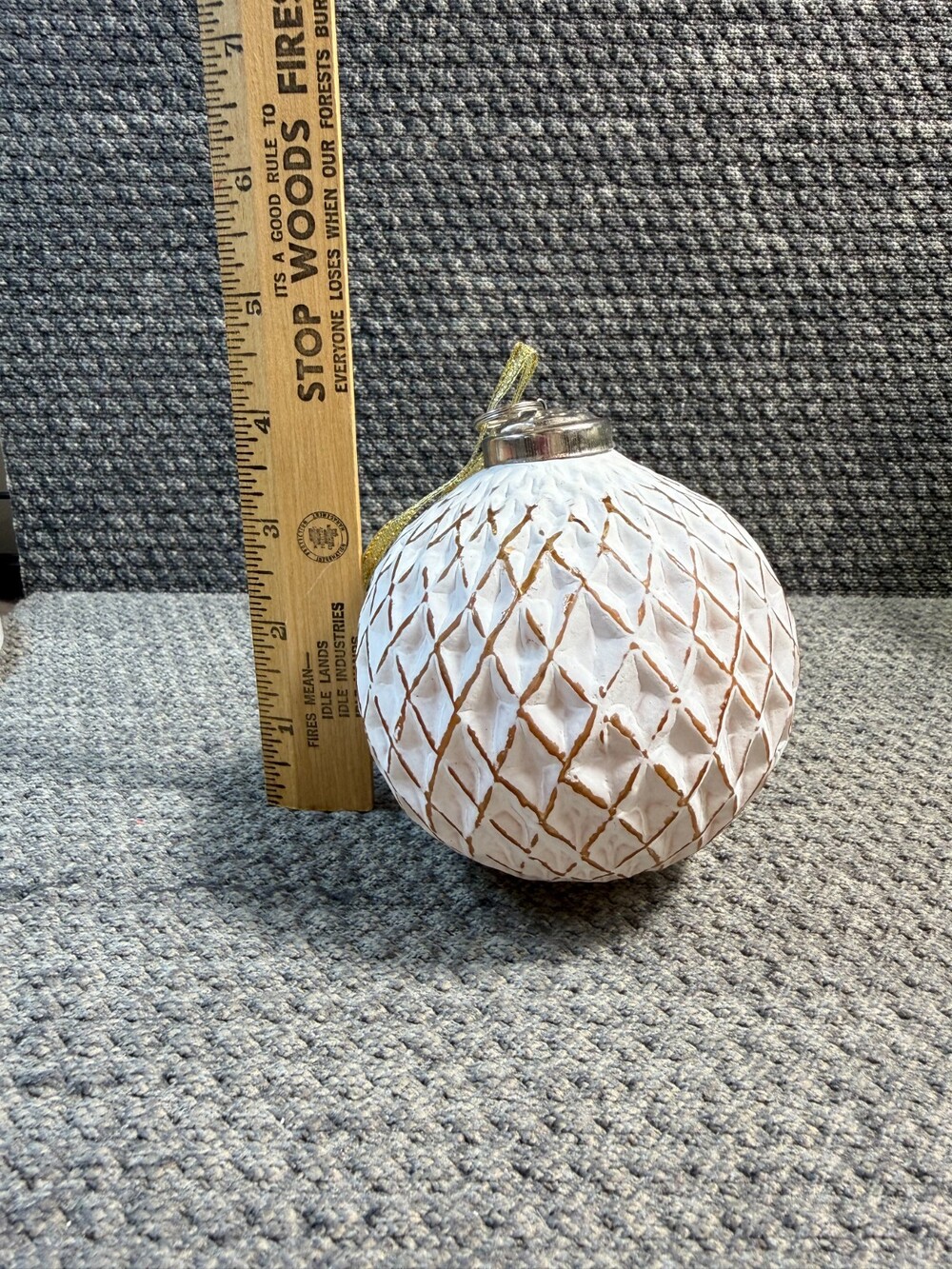 Quilt Diamond Pattern Glass Ball Ornament Painted White and Gold 4in